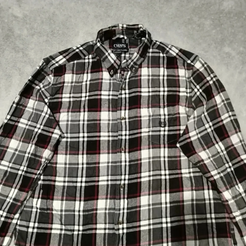 Chaps Shirt Mens L Combat Grey Flannel Plaid Embroidered Logo Button Down Pocket - Picture 7 of 13
